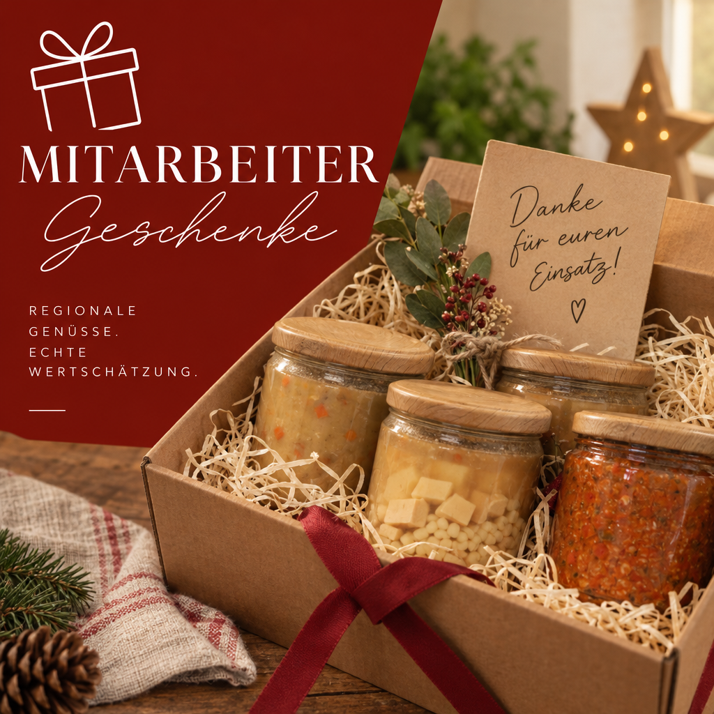 Gift box with jars, greenery, red ribbon, and a thank-you card beside German promotional text.